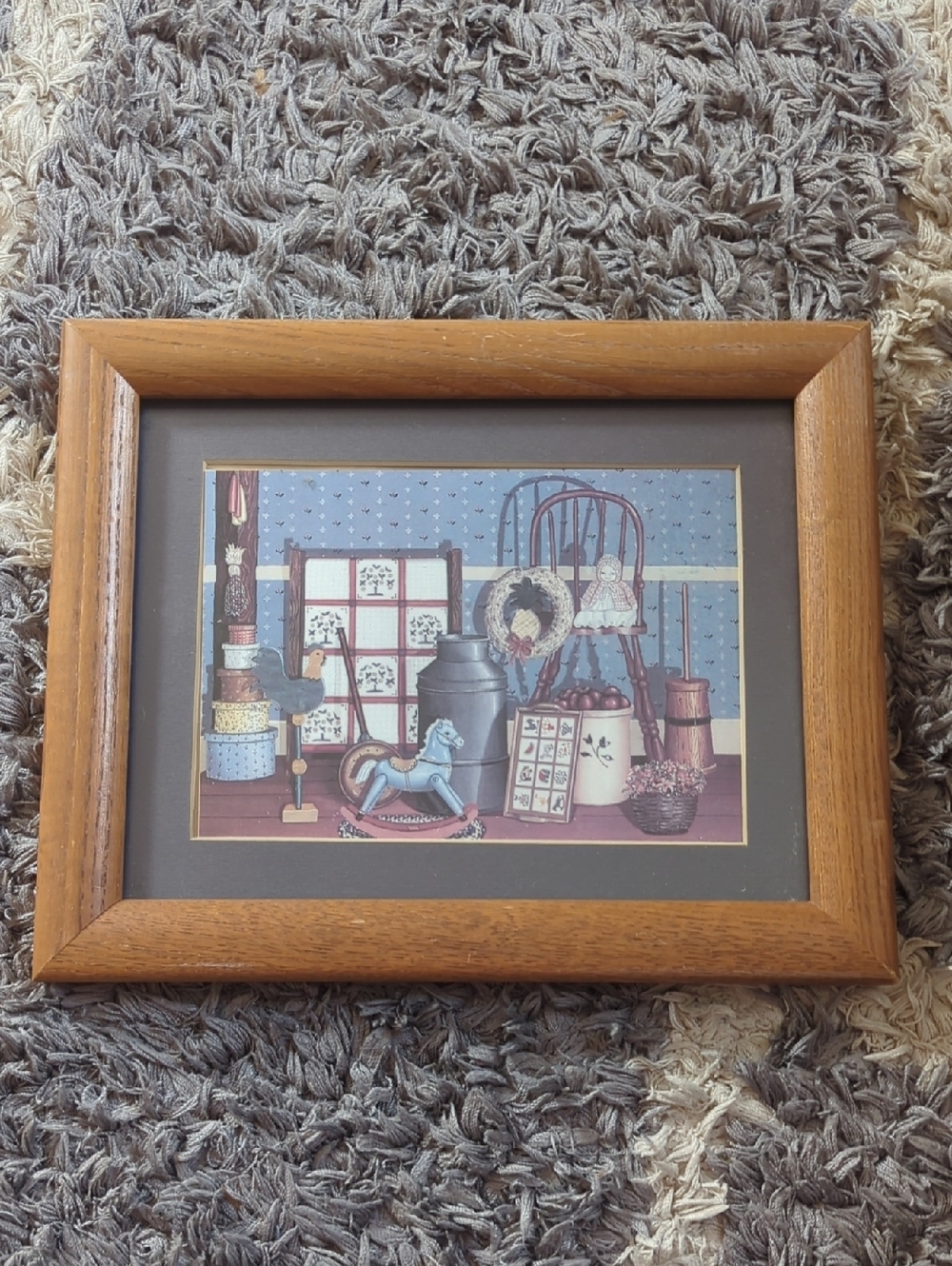 Rustic Framed Country Still Life Print By Pat Pearson Blue & Brown Grannycore